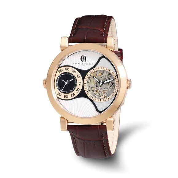 Charles Hubert Mens IP Rose Leather Band 46mm Dual Tme Watch